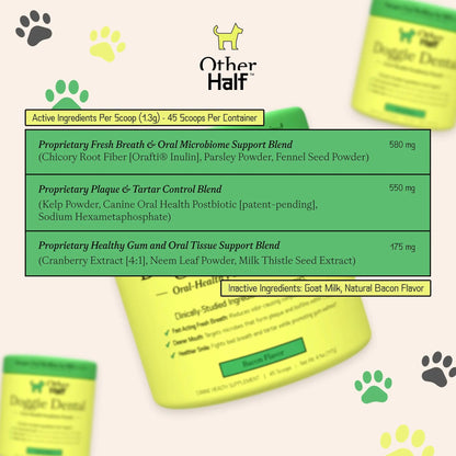 OTHER HALF Doggie Dental Supplement Powder - Dog Breath Freshener & Teeth Cleaning Made Easy - Oral Health Postbiotic for Dogs - Targets Tartar, Plaque & Bad Breath | 45 Scoops, Bacon Flavor OTHER HALFBuy Supplements Australia
