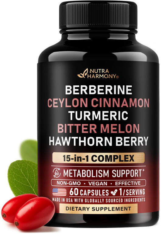 Berberine with Ceylon Cinnamon | Bitter Melon (Karela) | Apple Cider Vinegar | Hawthorn Berry | Citrus Bergamot | Turmeric - 15-in-1 Supplement for Heart Support