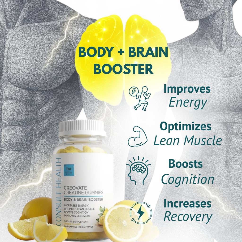 Consult Health CREOVATE CREATINE MONOHYDRATE Gummies 5g Dose for Men & Women to Support Muscle, Strength, Recovery, Cognitive Health & Memory, Zero Sugar, Gluten Free, Natural Lemon, 90 Count Consult HealthBuy Supplements Australia