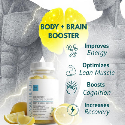 Consult Health CREOVATE CREATINE MONOHYDRATE Gummies 5g Dose for Men & Women to Support Muscle, Strength, Recovery, Cognitive Health & Memory, Zero Sugar, Gluten Free, Natural Lemon, 90 Count Consult HealthBuy Supplements Australia