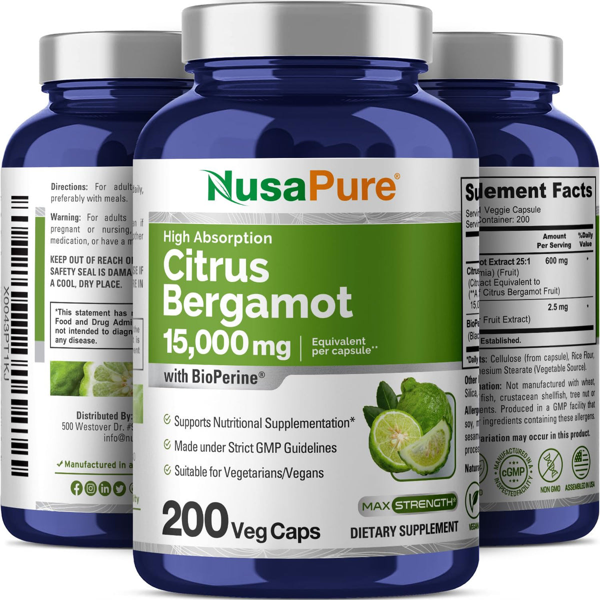 NusaPure Citrus Bergamot Capsules 15,000mg, 200 Capsules - 25:1 Bergamot Extract - 200 Servings, Bioperine, Vegan, Non-GMO NusaPureBuy Supplements Australia
