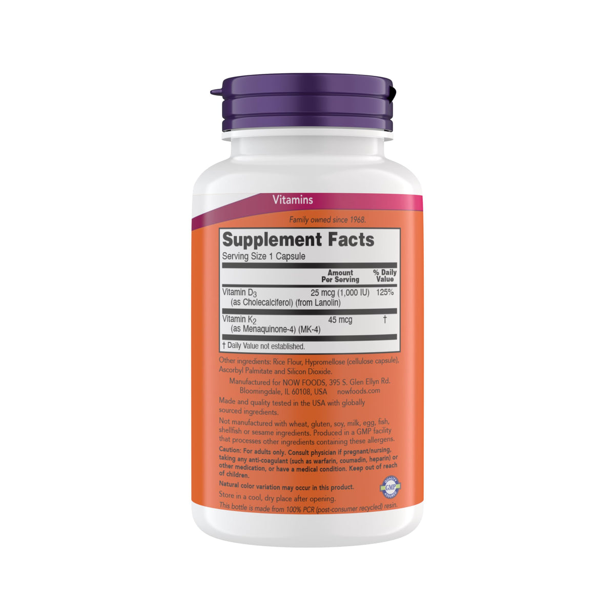 Now Supplements Vitamin D3 K2, 1,000 IU/45 mcg, Cardiovascular Support, Supports Bone Health, 180 Vegetarian Capsules