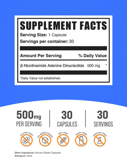 BulkSupplements.com NAD Capsules - Nicotinamide Adenine Dinucleotide, NAD Supplement 500mg - for Energy Support, Pure & Gluten Free, 1 Capsule per Serving, 30 Capsules (Pack of 1) BulkSupplementsBuy Supplements Australia