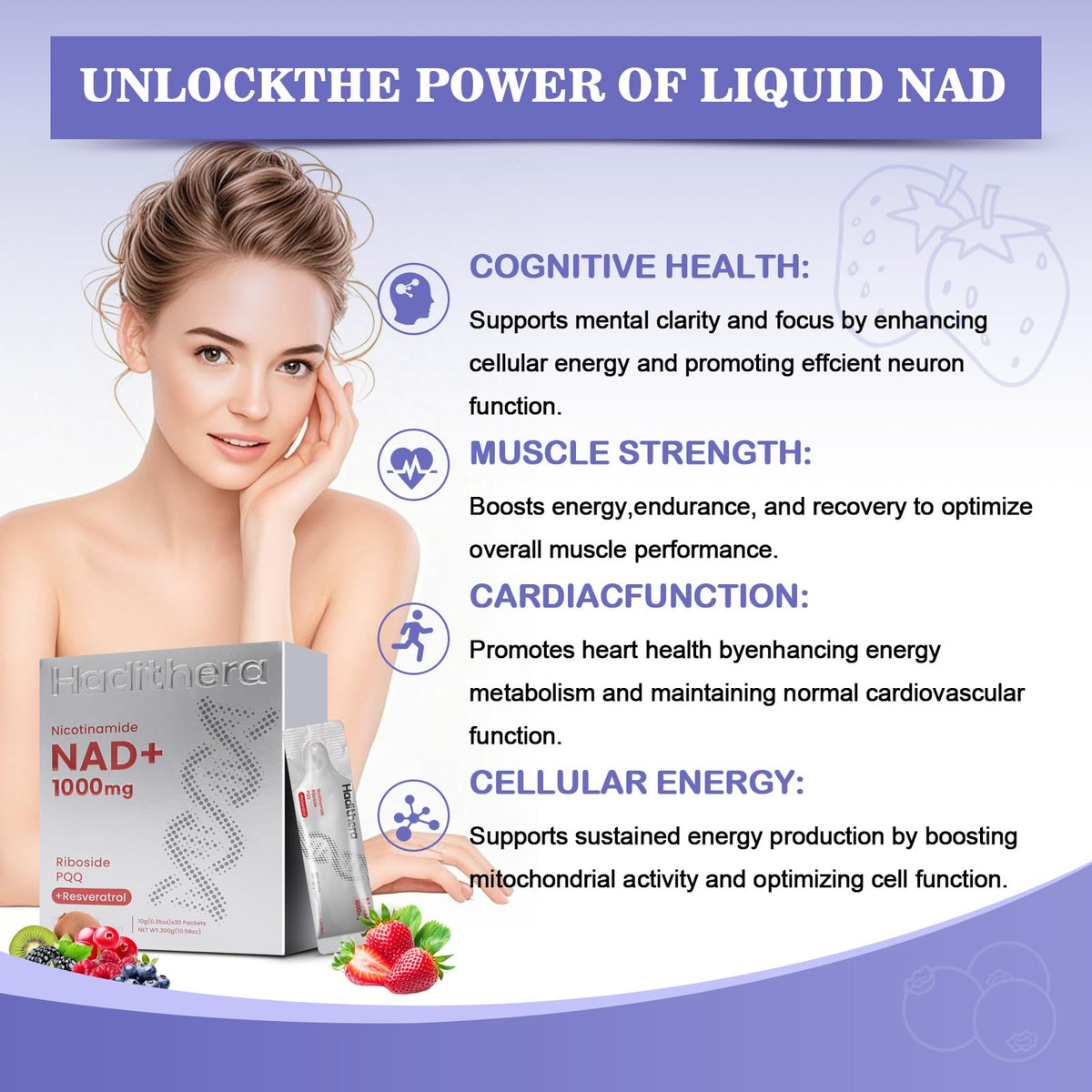 Haditheran NAD Supplement 1000mg Synergistic Blend with Nicotinamide Riboside, PQQ & Resveratrol - Premium Anti-Aging Supplement for Cellular Energy, Mental Clarity and Longevity (30 Packets) HaditheranBuy Supplements Australia
