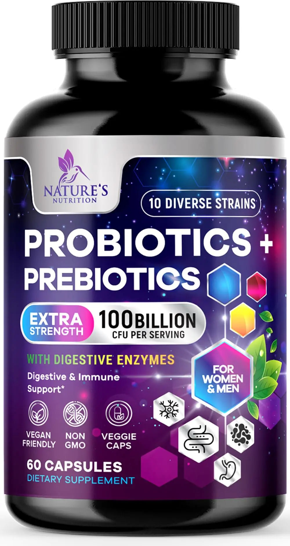Probiotics 100 Billion CFU Per Serving - 10 Probiotic Strains & Prebiotics - Digestive Gut Health, Immune Support & Occasional Constipation, Gas & Bloating - Daily Supplement For Adults - 60 Capsules Nature's NutritionBuy Supplements Australia