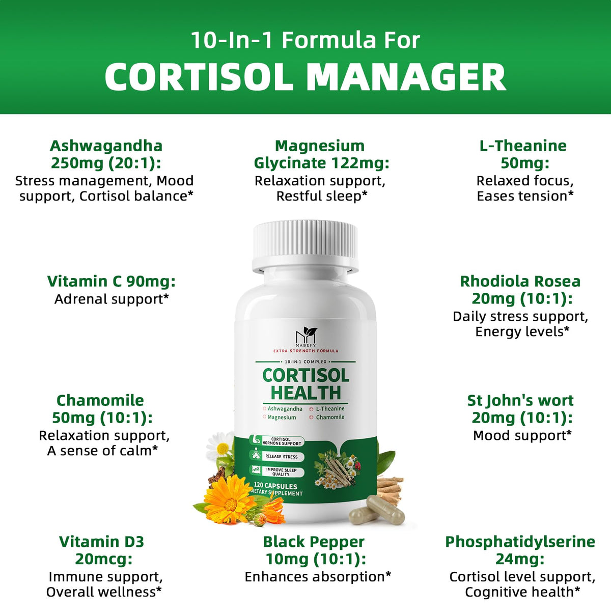 MABEFY Cortisol Supplements for Women/Men - 10 in 1 Cortisol Manager Reducer Lower Detox Balance with Magnesium, Ashwagandha, L-Theanine for Stress, Sleep, Calm, Mood Support - 60 Capsules for 30 Days MABEFYBuy Supplements Australia