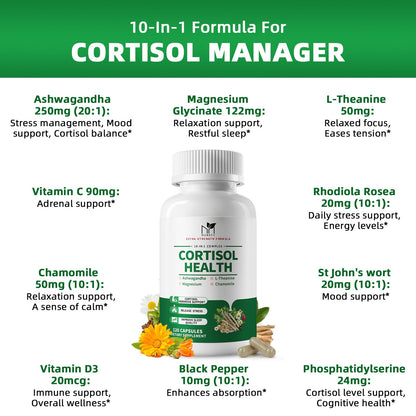 MABEFY Cortisol Supplements for Women/Men - 10 in 1 Cortisol Manager Reducer Lower Detox Balance with Magnesium, Ashwagandha, L-Theanine for Stress, Sleep, Calm, Mood Support - 60 Capsules for 30 Days MABEFYBuy Supplements Australia