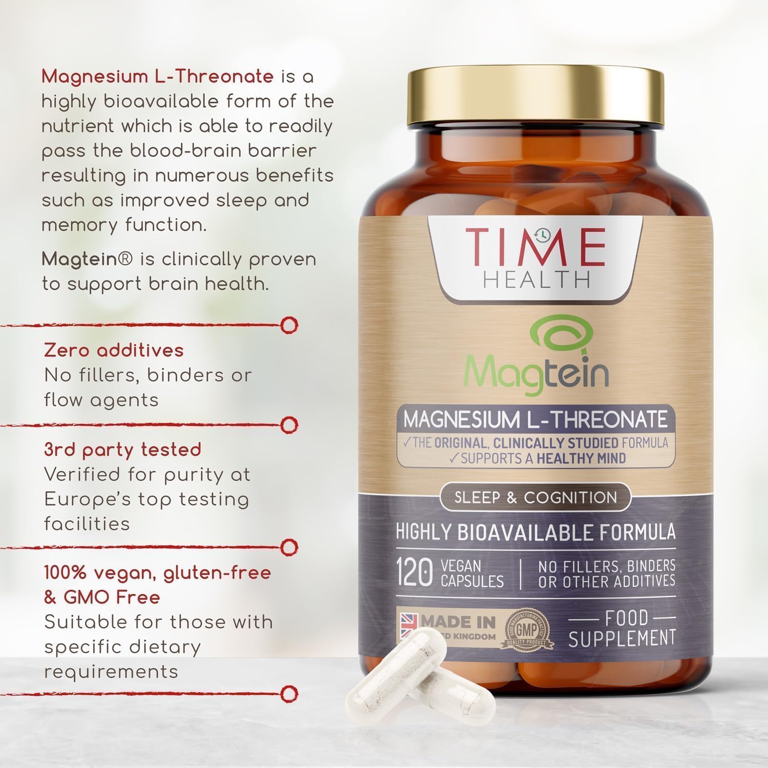Magtein® Magnesium – 120 Capsules – High Strength 2100mg – Highly Bioavailable Time HealthBuy Supplements Australia