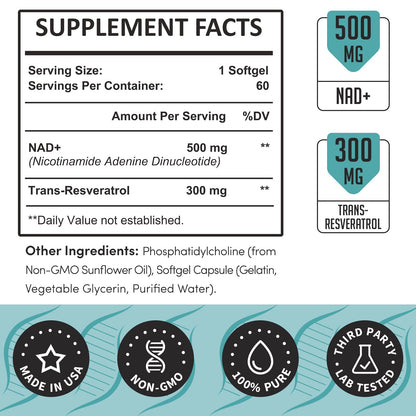 Rhamoph Liposomal NAD+ 800 mg with Trans-Resveratrol 300 mg, Max Absorption, Actual NAD+ Boosting Supplement for Healthy Aging, Cellular Energy, DNA Repair, Longevity - 120 Softgels RhamophBuy Supplements Australia
