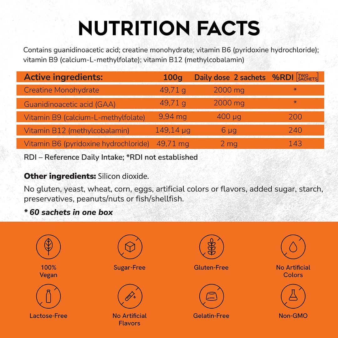 CreGAAtine Micronized Creatine Monohydrate + GAA | Increase Strength, No Water Retention | Boosts Memory & Focus | Single-Serve Packets | 60 Sachets, 30 Servings | (Sachets, Orange) CreGAAtineBuy Supplements Australia