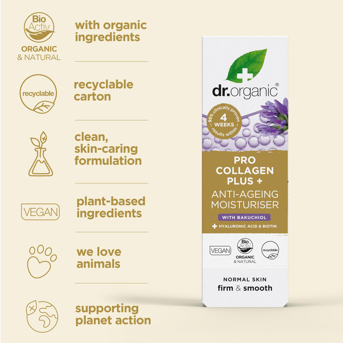 Dr. Organic Pro Collagen Plus + Anti-Ageing Moisturiser with Bakuchiol | Firm & Smooth Skin, Reduces Wrinkles, (Normal Skin) Natural, Certified Organic, Paraben & SLS-Free, 50 mL / 1.7 fl oz Dr. Organic buy supplements Au