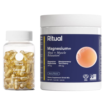 Ritual Pregnancy Relaxation Support Duo with Essential Prenatal Multivitamins to Support Pregnancy Nutrient Demands and Magnesium+ Drink Mix with Magnesium to Help Ease Leg Cramps During Pregnancy RitualBuy Supplements Australia