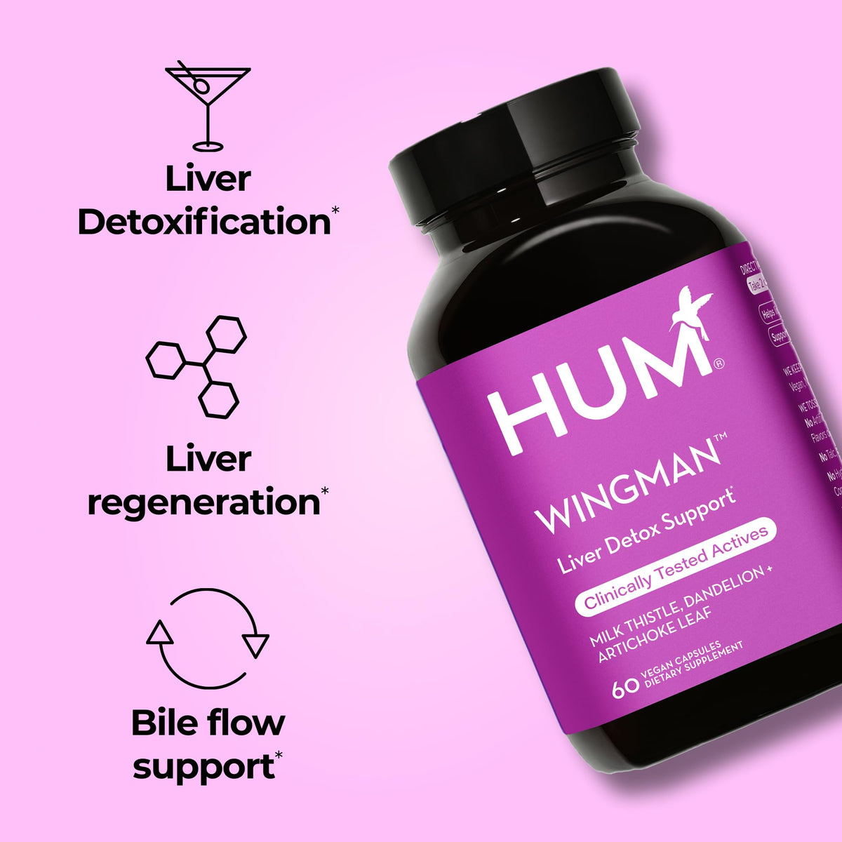 HUM Wing Man Liver Support Supplement with Milk Thistle, Dandelion Root Powder & Artichoke Leaf Extract For Liver Health & Function Support, Milk Thistle Supplement Helps Flush Out Toxins, 60 Capsules HUMBuy Supplements Australia