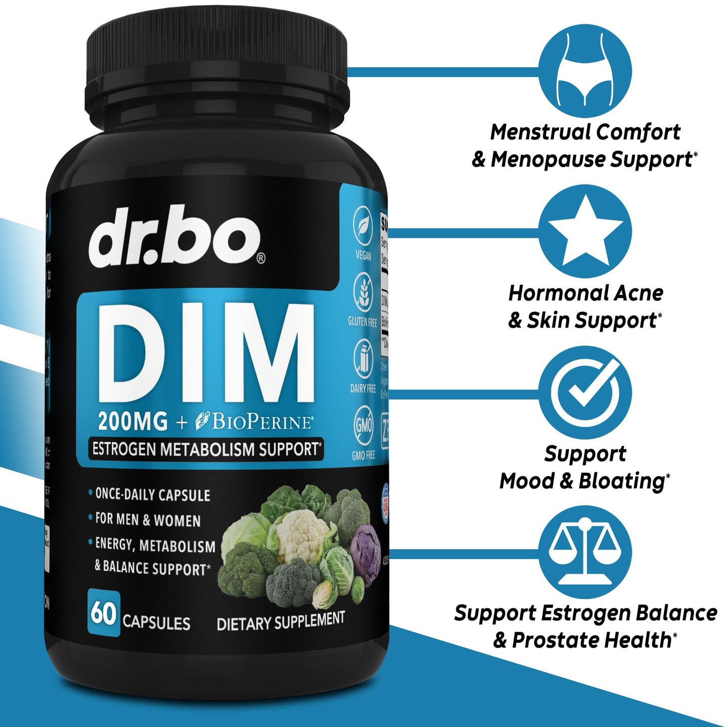 DIM Supplement for Women & Men 200mg - Androgen Estrogen Blocker for Men & Women, Hormonal Acne Pills, Hormone Balance, Menopause Support, Diindolylmethane DIM Supplement Plus BioPerine - 60 Capsules DR. BOBuy Supplements Australia