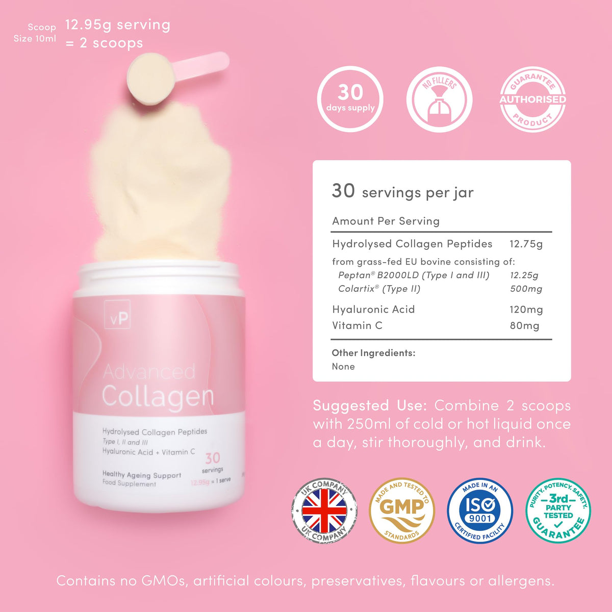 Advanced Collagen with Hyaluronic Acid - 12.95g x 30 Servings - Type 1 2 3 vP Vitality ProBuy Supplements Australia