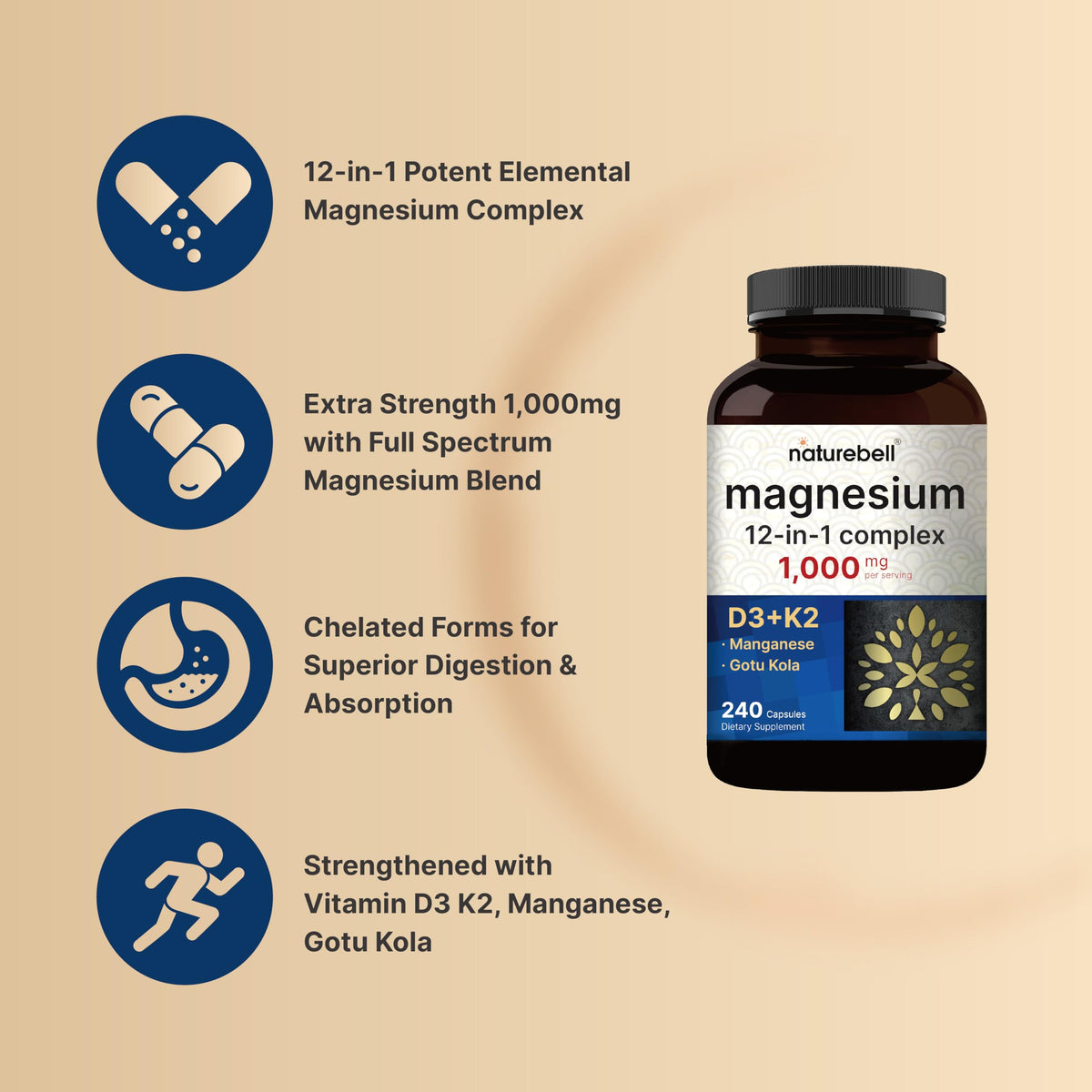 NatureBell 12-in-1 Magnesium Complex 1000mg, 4-Months Supply – Magnesium Glycinate, Citrate, Taurate, Malate, & More – High Absorption Formula for Men & Women – Chelated & Purified – 240 Capsules NatureBell buy supplements Au