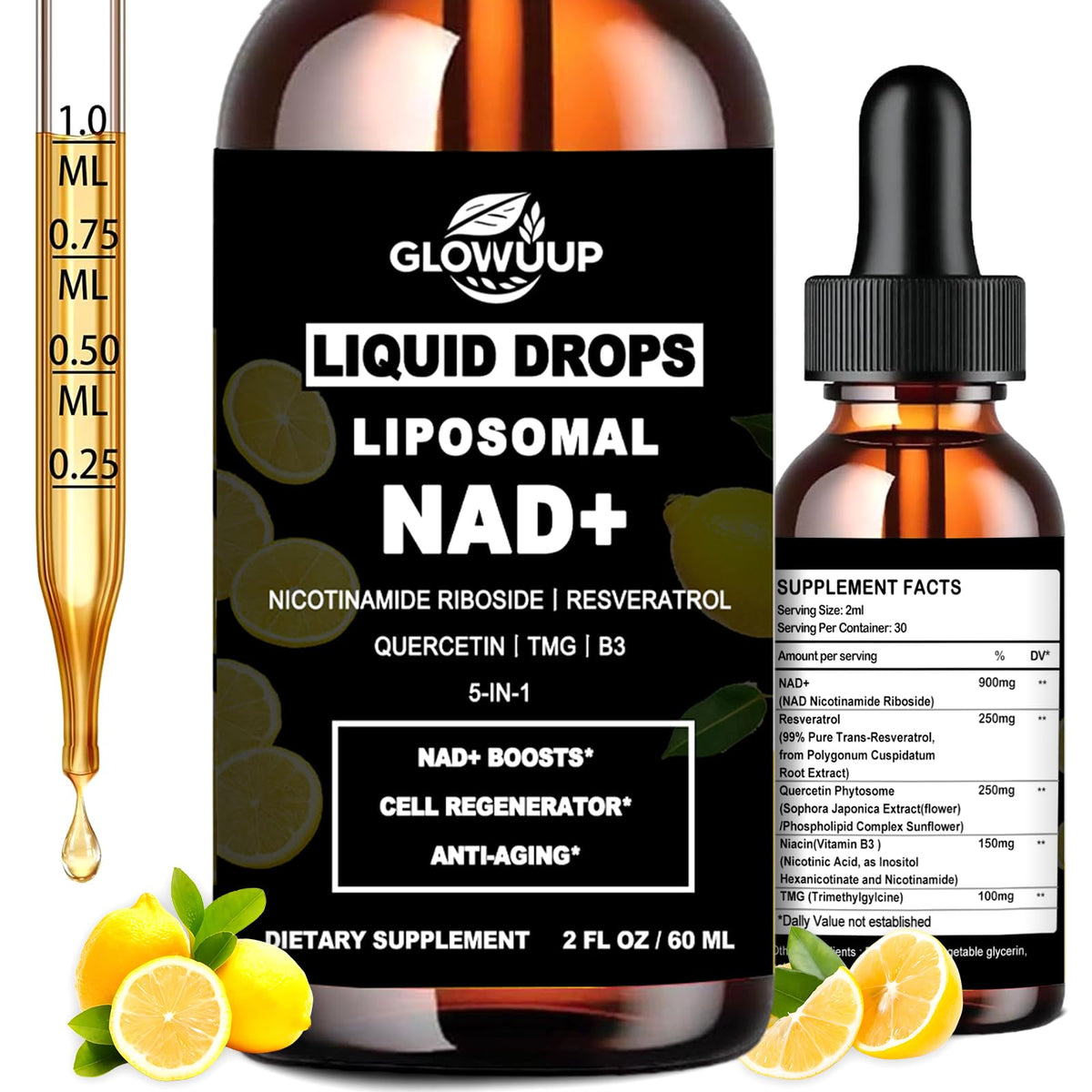 GlowUp Liquid Drops Liposomal NAD+ supplement bottle with dropper and lemon slices on a white background