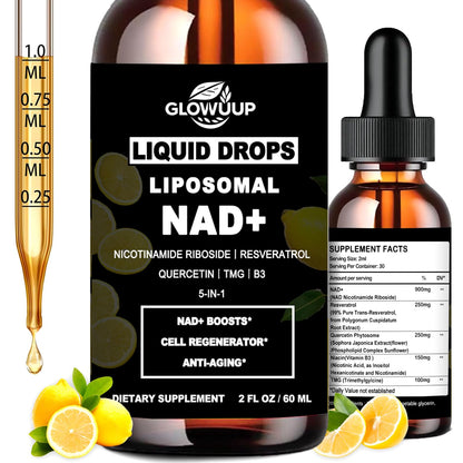 GlowUp Liquid Drops Liposomal NAD+ supplement bottle with dropper and lemon slices on a white background