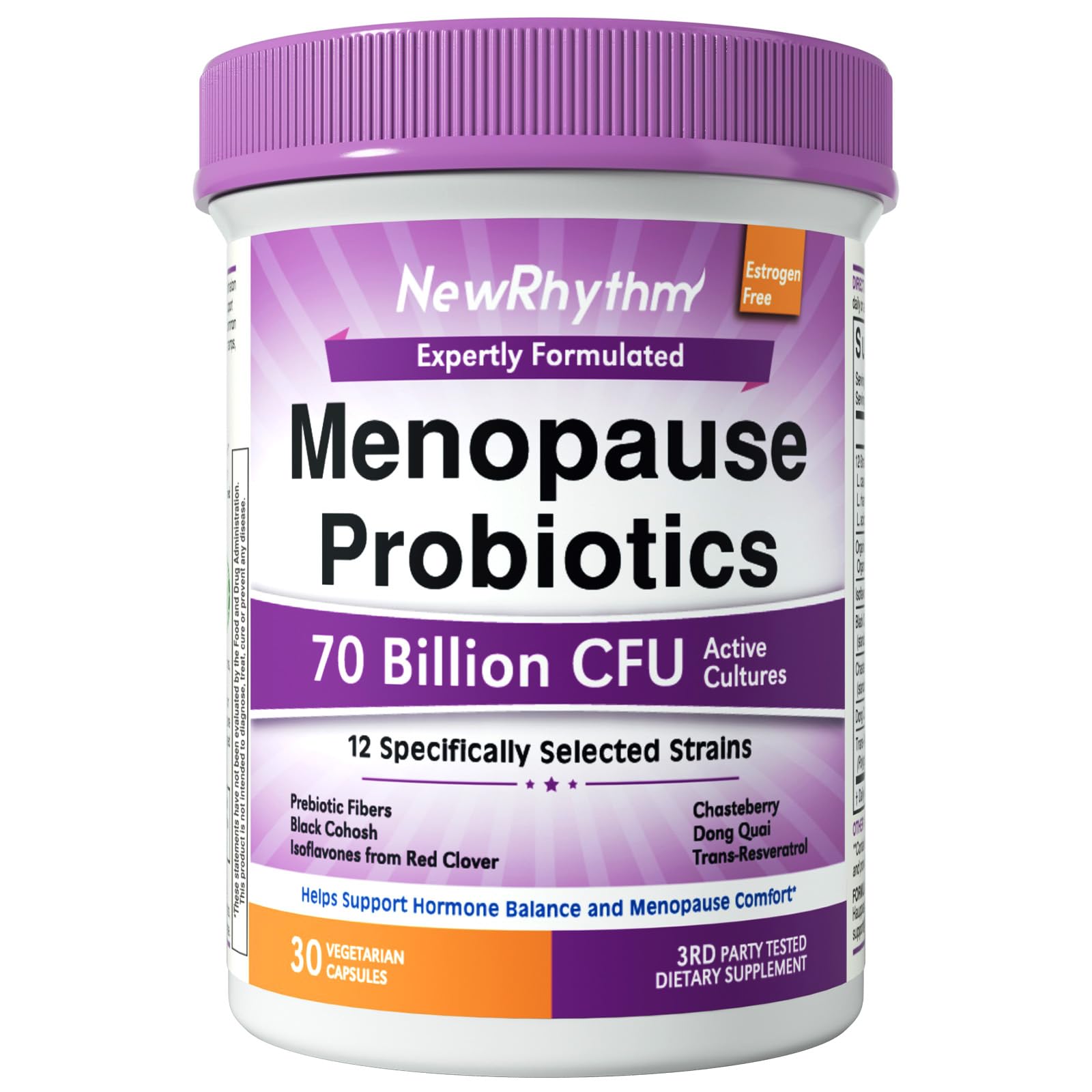 NewRhythm Menopause Probiotics for Women, 7-in-1 Relief, Prebiotics, Black Cohosh Trans-Resveratrol Chasteberry Red Clover Dong Quai, Hot Flashes Night Sweats, No Soy, No Estrogen, 30 Ct NewRhythmBuy Supplements Australia
