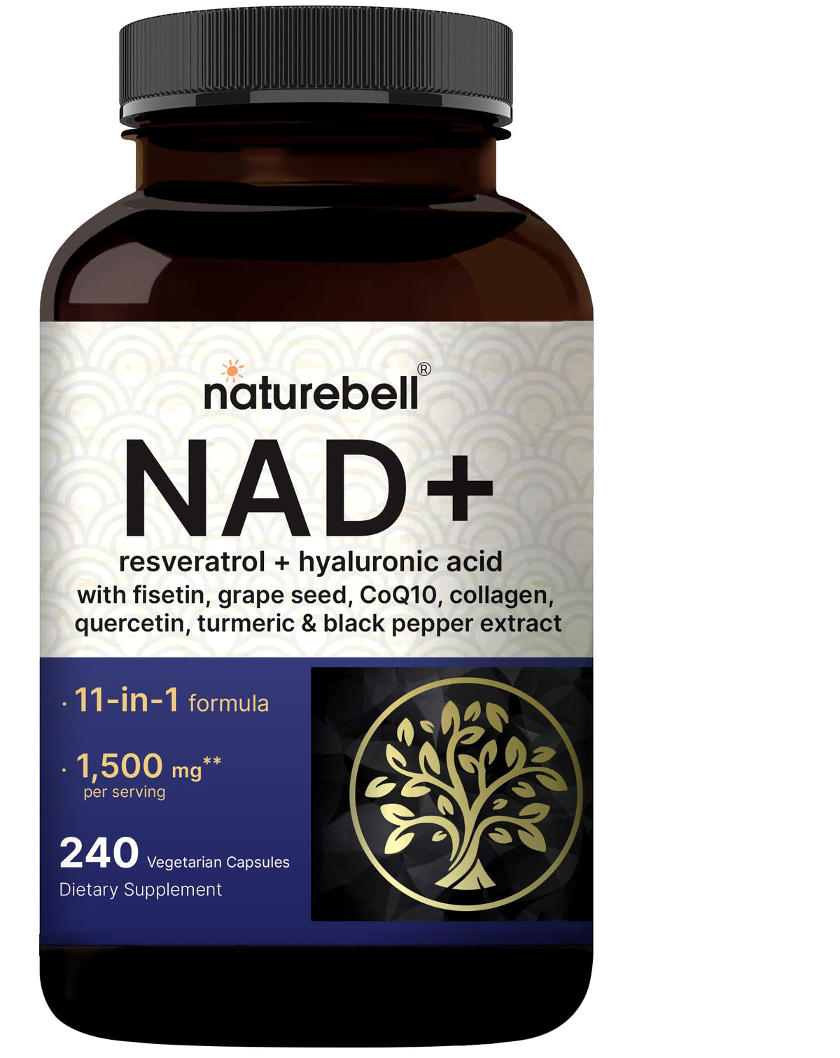 Supplement bottle labeled 'NatureBell NAD+' on a white background