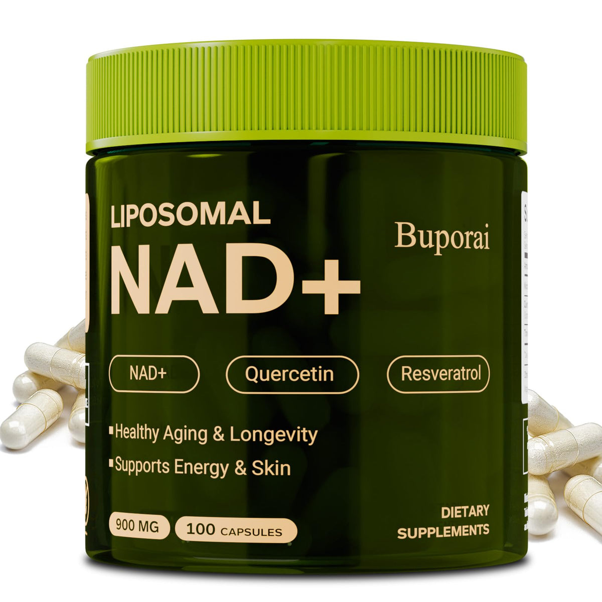 Supplement container labeled 'Liposomal NAD+' with green lid and white capsules on a white background