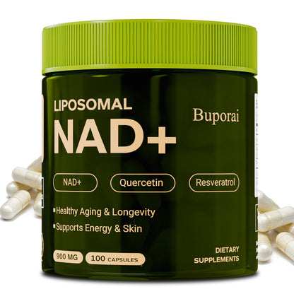 Supplement container labeled 'Liposomal NAD+' with green lid and white capsules on a white background