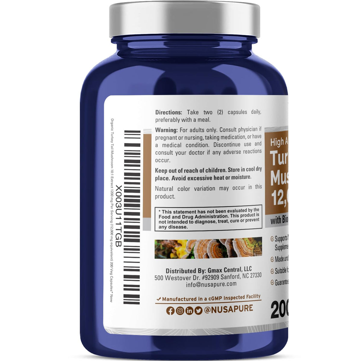 NusaPure Turkey Tail Mushroom Capsules, 10:1 Extract, 1200 mg Equivalent to 12,000mg, 200 Vcaps, Non-GMO, Gluten Free, Bioperine NusaPureBuy Supplements Australia