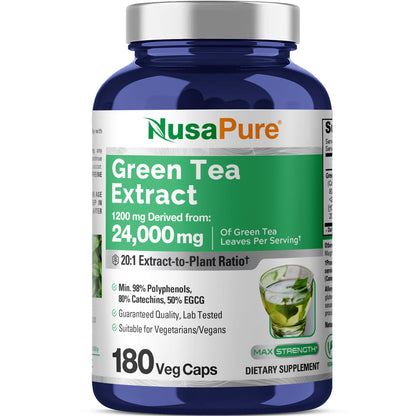 NusaPure Green Tea 20:1 Extract, 1200 mg Equivalent to 24000mg, 180 Vegan Capsules, 50% EGCG, 98% Polyphenols, 80% Catechins NusaPureBuy Supplements Australia