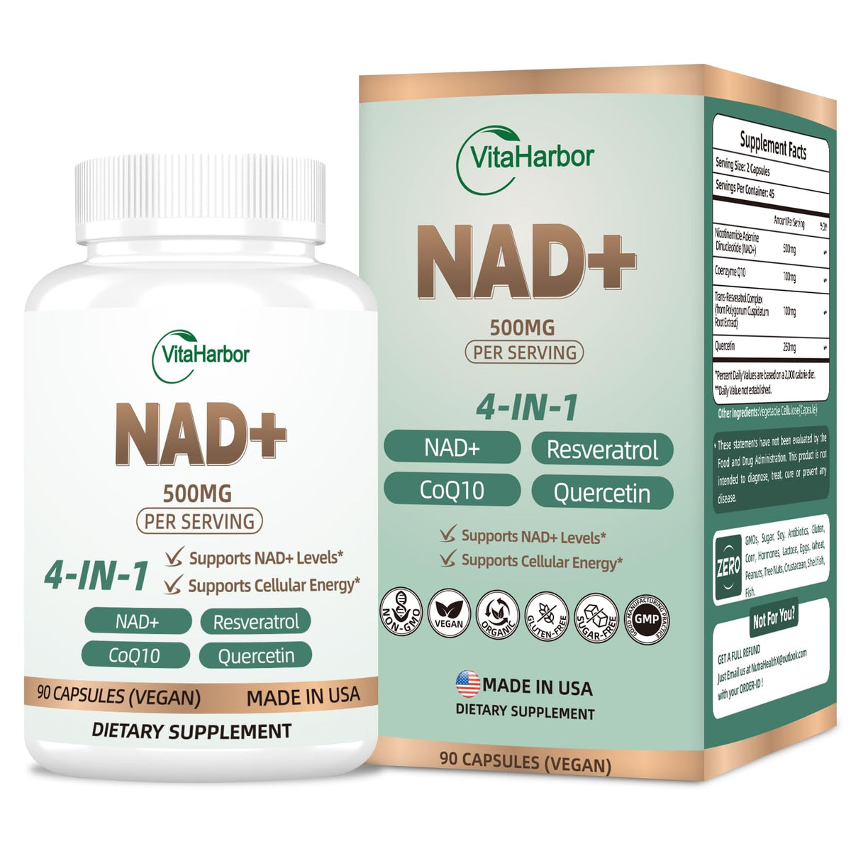 NAD Supplement 500mg, Pure Organic NAD+ Supplement for Women & Men, NAD+ with Trans-Resveratrol & CoQ10 & Quercetin for Cellular Energy & Healthy Aging, NMN Alternative (90 Vegan Caps) VitaHarborBuy Supplements Australia