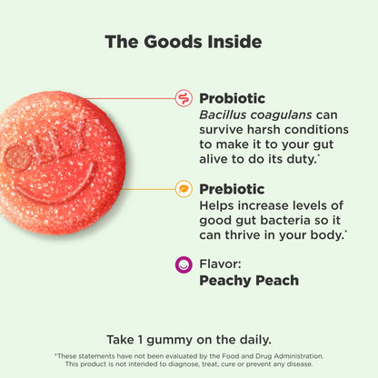 OLLY Probiotic + Prebiotic Gummy, Digestive Support and Gut Health, 500 Million CFUs, Fiber, Adult Chewable Supplement for Men and Women, Peach, 30 Day Supply - 30 Count OLLYBuy Supplements Australia