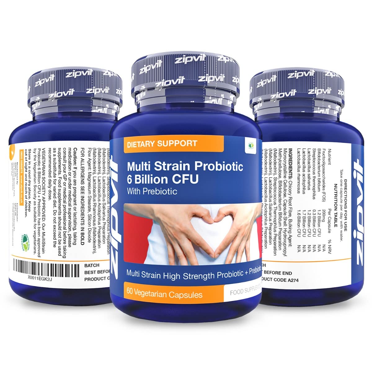 Probiotic 6 Billion Multi-Strain Live Bio Cultures Complex with Prebiotic, 60 Vegetarian ZipvitBuy Supplements Australia