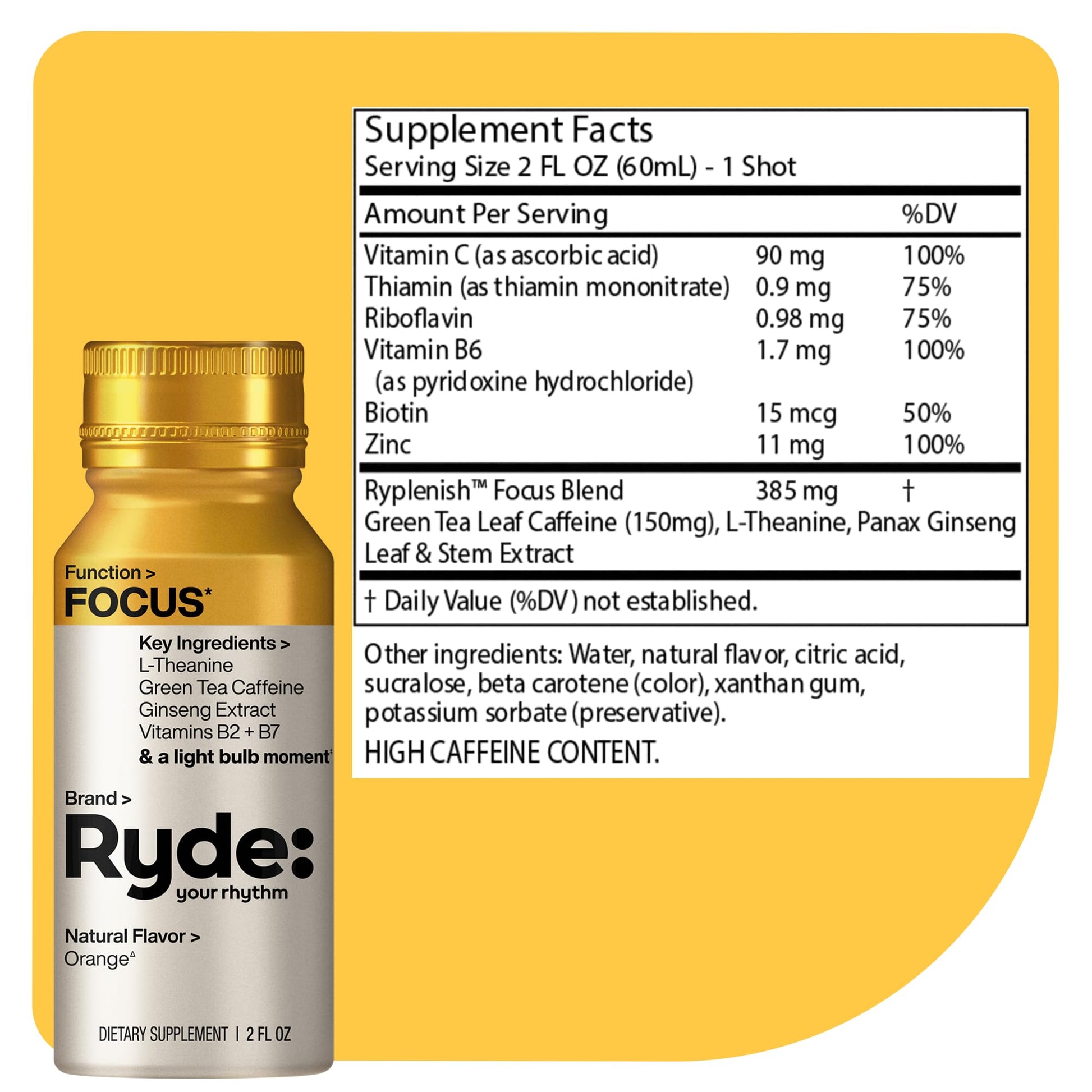 Ryde: Focus Shot | Orange Flavor | L-Theanine & Ginseng | Green Tea Caffeine | Vitamins B2 & B7 | 0 Calories, 0 Sugar | 2 FL OZ Shots | Supports Focus* (8 Pack) RYDEBuy Supplements Australia