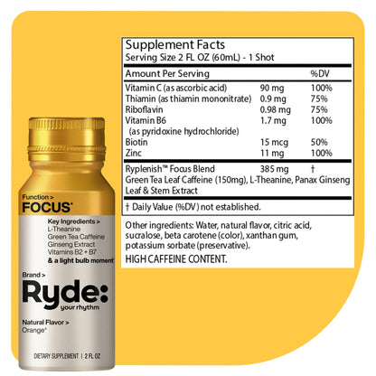 Ryde: Focus Shot | Orange Flavor | L-Theanine & Ginseng | Green Tea Caffeine | Vitamins B2 & B7 | 0 Calories, 0 Sugar | 2 FL OZ Shots | Supports Focus* (8 Pack) RYDEBuy Supplements Australia