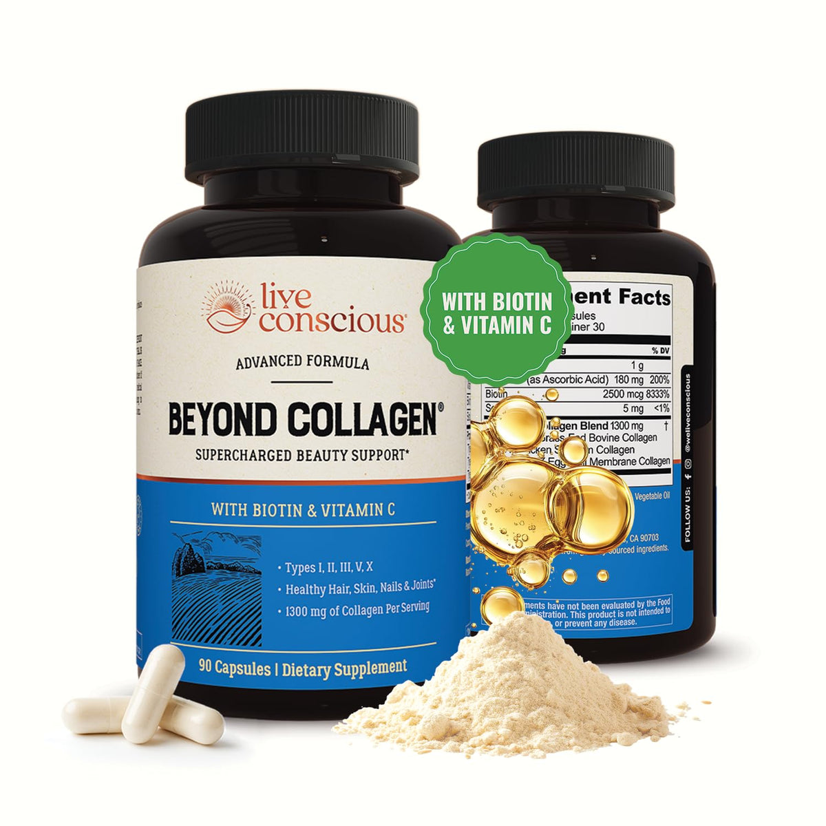 Live Conscious Beyond Collagen Multi Collagen Capsules - Types I, II, III, V & X - Hydrolyzed Blend with Biotin & Vitamin C for Hair, Skin, Nails 90 Capsules Live ConsciousBuy Supplements Australia
