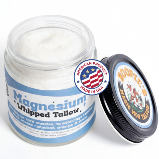 Magic Moo Magnesium Whipped Tallow Skincare for sore muscles, sleep, muscle and period cramps, stress, relaxation & more. Topical magnesium that works. Boopie's Magic Moo TallowBuy Supplements Australia