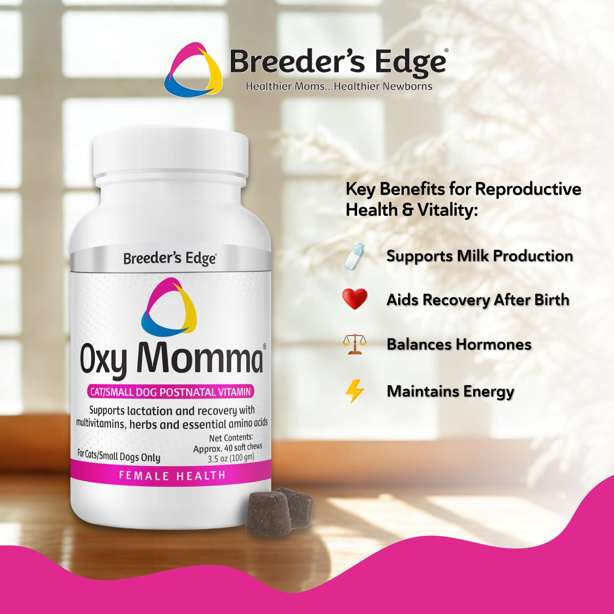 Breeder's Edge Oxy Momma Soft Chews, Postnatal Vitamin Supplement for Lactating Dogs and Cats, Supports Recovery, Hormones, and Next Pregnancy - for Small Dogs & Cats, 40ct Soft Chews Revival Animal HealthBuy Supplements Australia