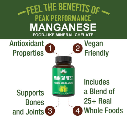 Manganese Supplement Food Like Mineral Chelated for Superior Absorption with Whole Food Blend of 25+ Fruits & Vegetables. Pure Trace Mineral Capsules for Connective Tissue, Bone Health, Enzyme Support Peak PerformanceBuy Supplements Australia