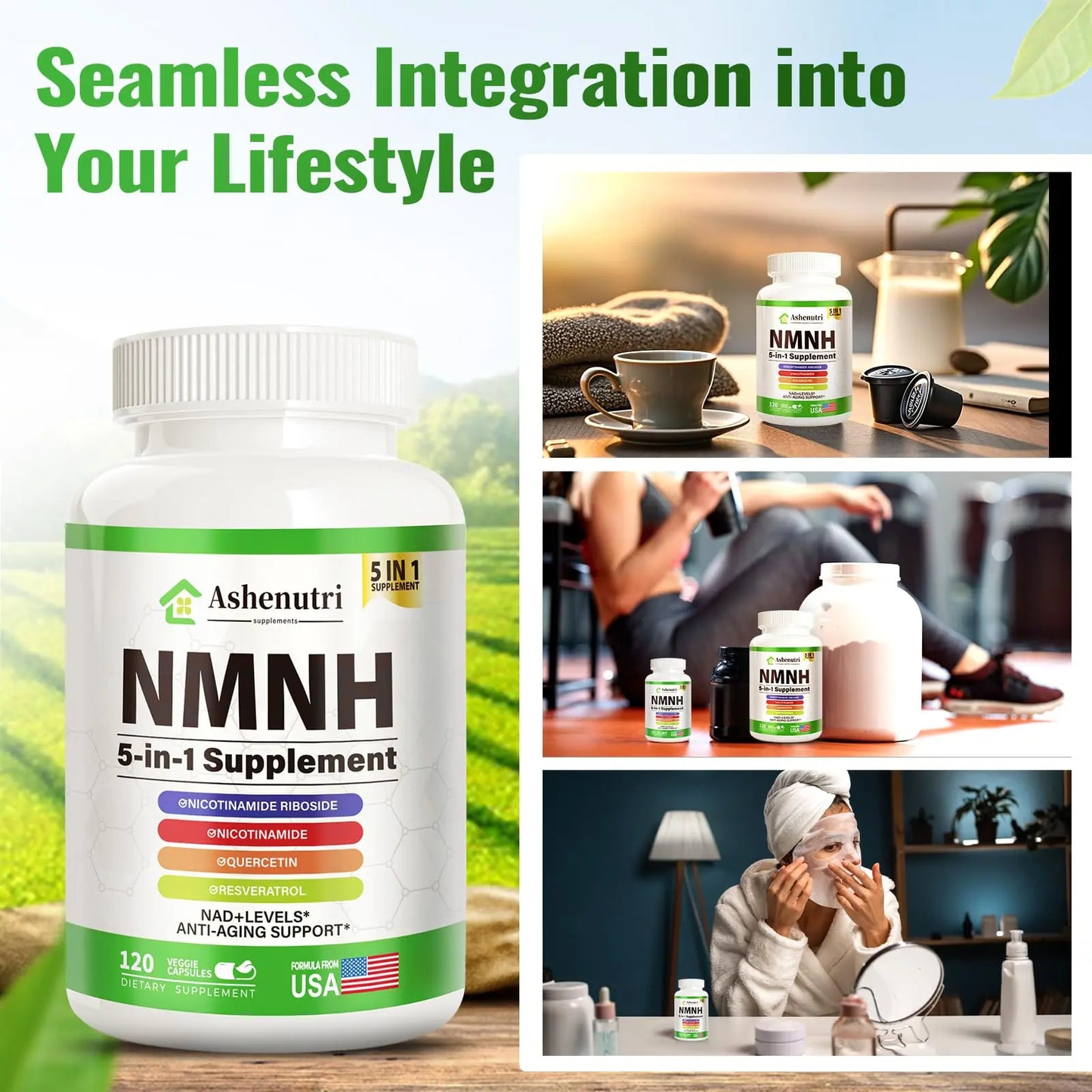 NMNH (Dihydronicotinamide Mononucleotide), NMN Alternative Supplement w/Niacinamide (Vitamin B3), Quercetin, Trans-Resveratrol, Support NAD+, Skin Cell Health*, Anti-Aging & Energy, 120 Caps AshenutriBuy Supplements Australia