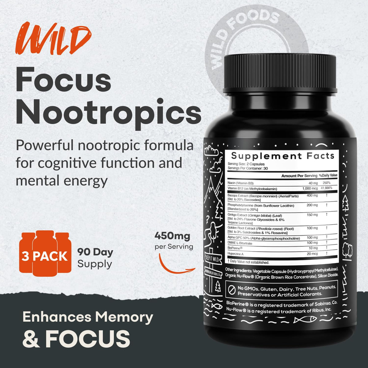 Wild Focus Brain Supplements | Caffeine-Free, Plant-Based Botanicals | Lions Mane, Ginkgo Biloba, Bacopa Monnieri, Lemon Balm | 100% Natural Nootropic | 60 caps Wild FoodsBuy Supplements Australia