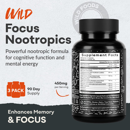 Wild Focus Brain Supplements | Caffeine-Free, Plant-Based Botanicals | Lions Mane, Ginkgo Biloba, Bacopa Monnieri, Lemon Balm | 100% Natural Nootropic | 60 caps Wild FoodsBuy Supplements Australia