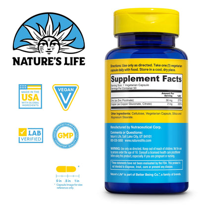 Nature's Life Zinc Picolinate 30mg Plus 2mg of Copper - Chelated Zinc Supplement for Immune, Cardiovascular, Skin, Cellular Function, and Muscle Support - 60-Day Guarantee - 50 Servings, 50 Capsules Nature's LifeBuy Supplements Australia