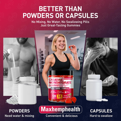Creatine Gummies for Men & Women, Creatine Monohydrate Gummies 5g, Build Muscle, Strength, Recovery, Cognitive Health & Memory, Pre Workout Supplement, 120 Count Raspberry Chewable Gummy MaxhemphealthBuy Supplements Australia