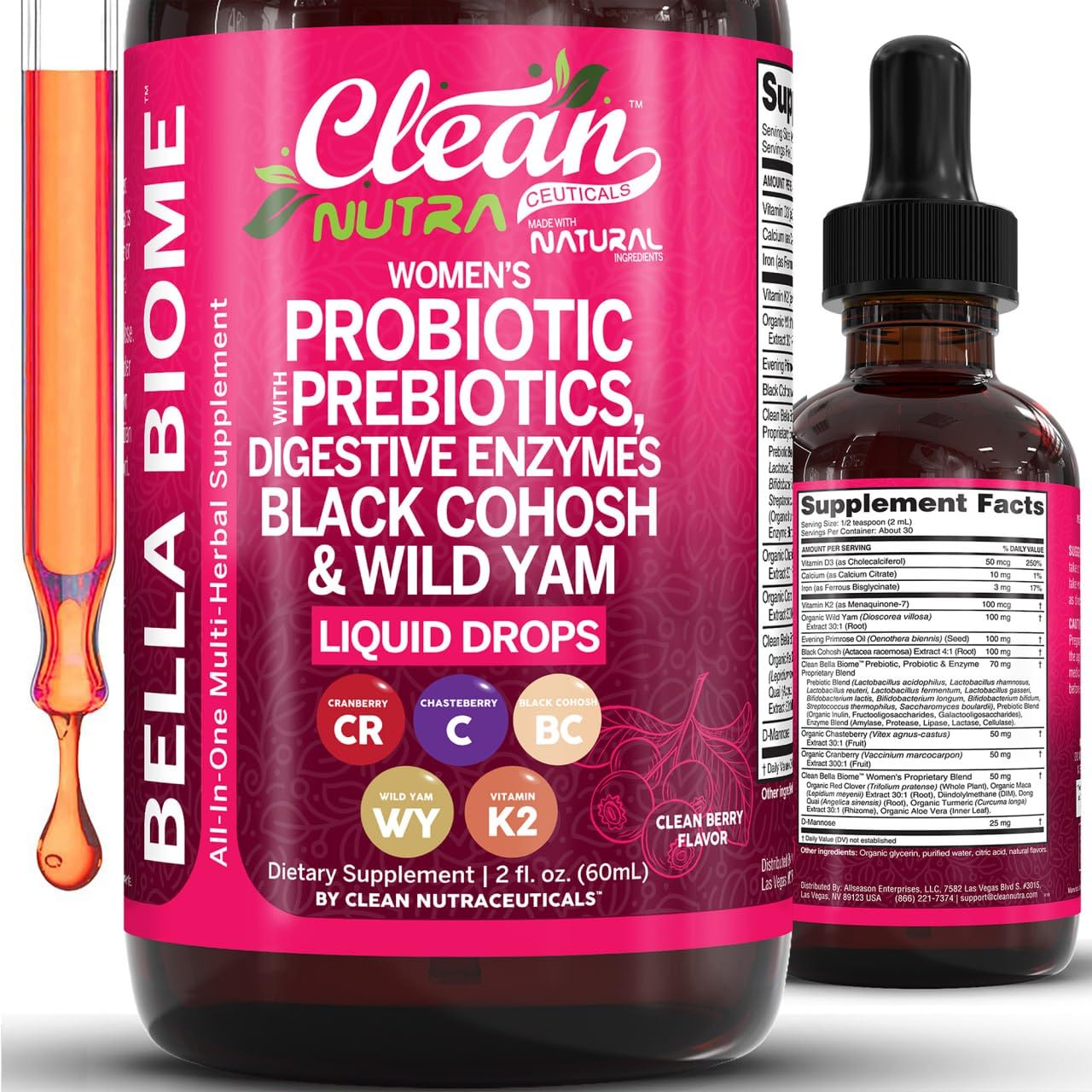 Liquid Probiotics for Women Drops with Chasteberry, Black Cohosh, Prebiotics, Digestive Enzymes, Evening Primrose Oil, Wild Yam, Cranberry Dmannose and Iron Vitamin D3 K2 Clean Nutra Bella Biotics Clean NutraceuticalsBuy Supplements Australia