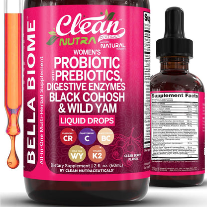 Liquid Probiotics for Women Drops with Chasteberry, Black Cohosh, Prebiotics, Digestive Enzymes, Evening Primrose Oil, Wild Yam, Cranberry Dmannose and Iron Vitamin D3 K2 Clean Nutra Bella Biotics Clean NutraceuticalsBuy Supplements Australia