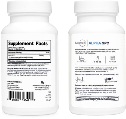 Type Zero Ultra Clean Alpha GPC Choline Supplement (600mg | 90 Capsules) Soy Free, Non-GMO Nootropics Alpha GPC 600mg / 300mg; Alpha-GPC Brain Memory and Focus Supplements Type ZeroBuy Supplements Australia