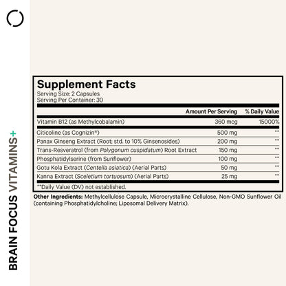 Codeage Brain Focus Vitamins+ Nootropic Supplement with Citicoline as Cognizin, Panax Ginseng, Resveratrol, Gotu Kola, Vitamin B12 Methylcobalamin - Liposomal Delivery - Non-GMO - 60 Capsules CodeageBuy Supplements Australia