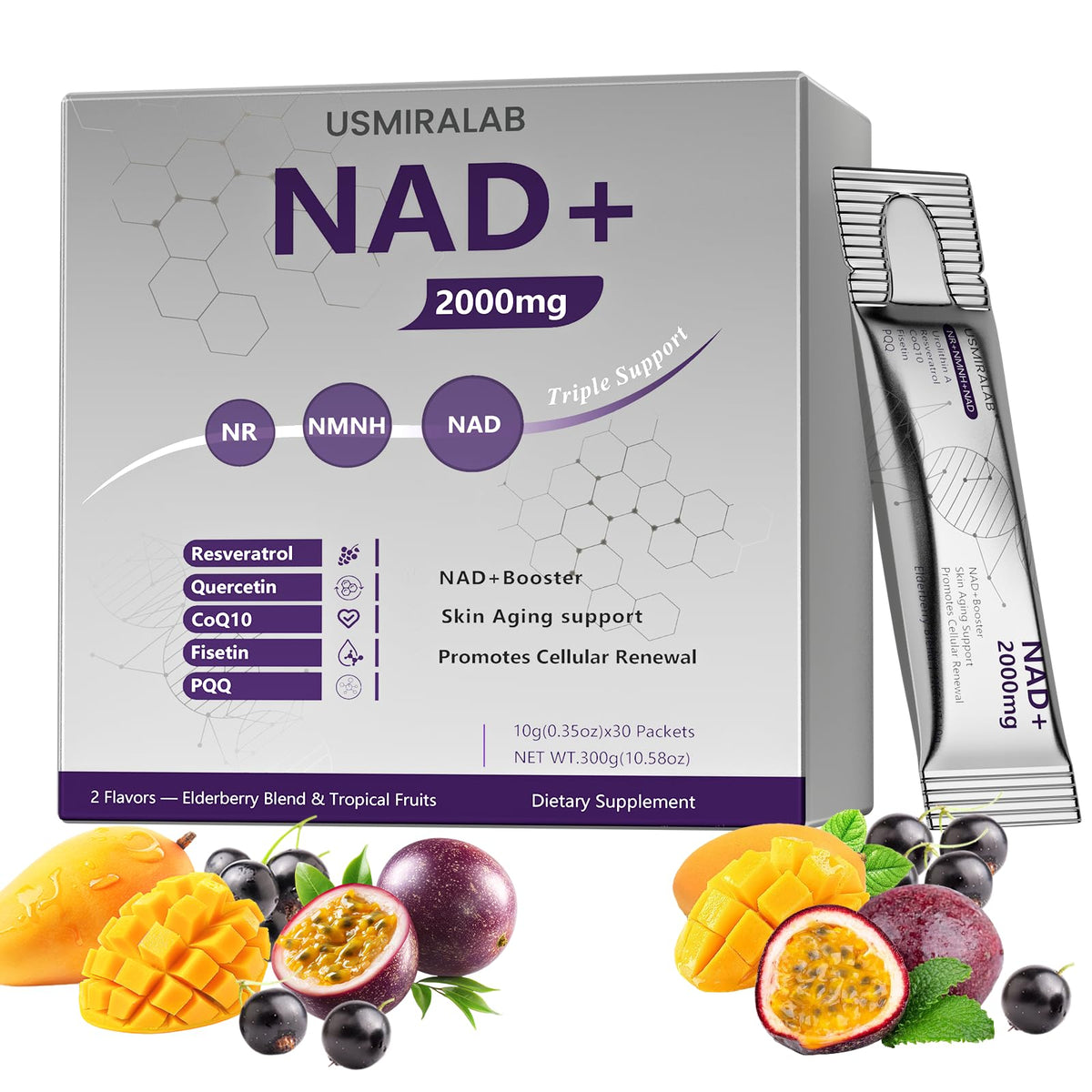 USMIRALAB NAD+ supplement packaging with ingredients and benefits displayed.