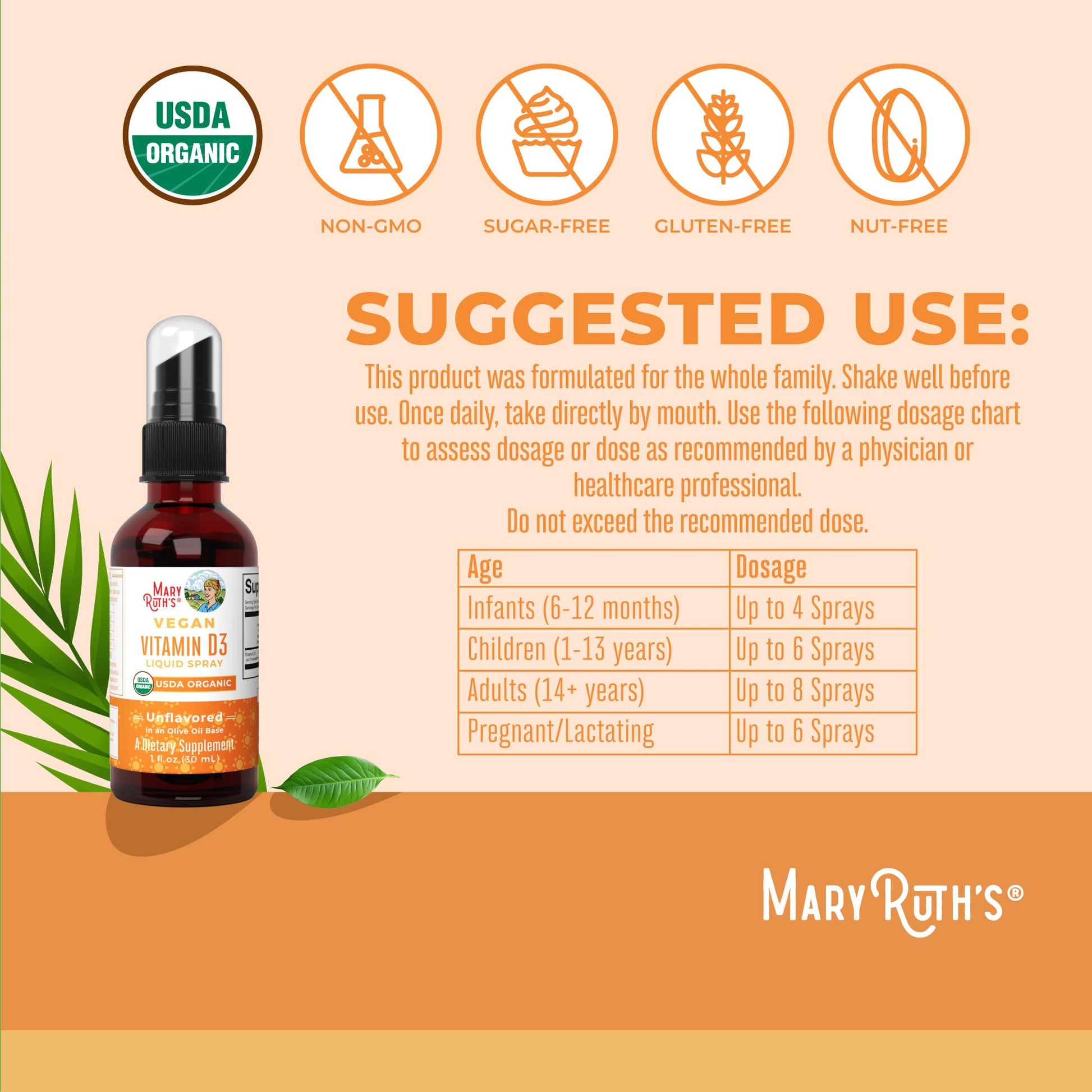 MaryRuth Organics Vitamin D USDA Organic | VIT D3 Liquid | Sugar Free | Liquid VIT D Spray Immune Support for Adults & Kids | Bone Health| Vegan | Gluten Free | Non-GMO | 30 Servings MARYRUTH'SBuy Supplements Australia