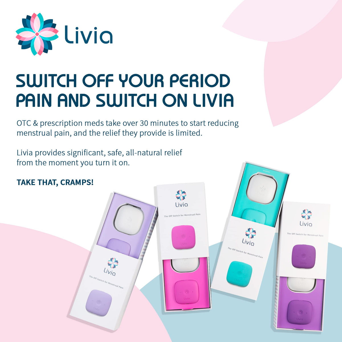 Livia Menstrual Pain Relief Device, Lavender - The Off Switch for Period Pain - Portable Unit with Stick-on Pads LiviaBuy Supplements Australia
