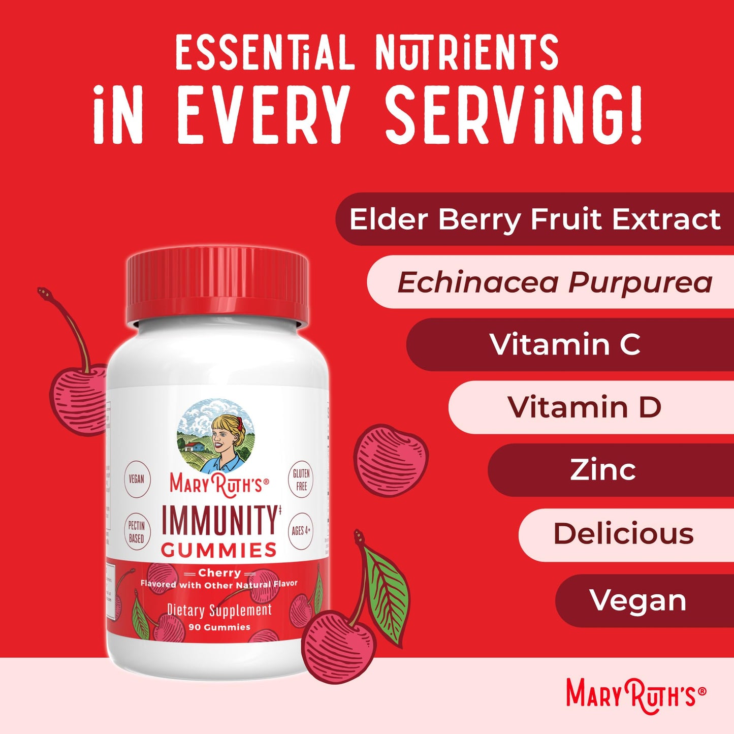 Mary Ruth's 5-1 Immunity Gummies with Elderberry for Kids & Adults | Cherry | Pectin Based | Vegan | 90 Count MARYRUTH'SBuy Supplements Australia